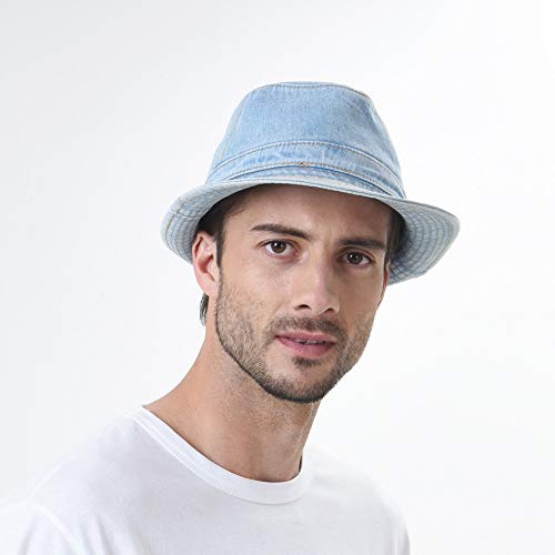 WITHMOONS Denim Bucket Hat Plain Stitch Washed Short Brim Packable Fedora DW6646 - color: Skyblue, size: Medium