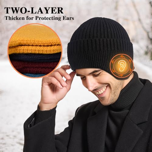 Heniho 2pcs Winter Beanies with Ear Flaps for Men Women, Warm Knit Earflaps Cap Thick Hats - color: C- Black, Army Green