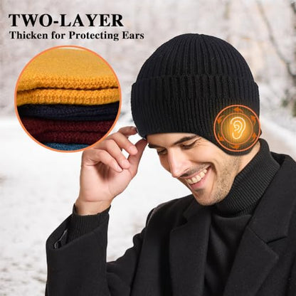 Heniho 2pcs Winter Beanies with Ear Flaps for Men Women, Warm Knit Earflaps Cap Thick Hats - color: C- Black, Army Green