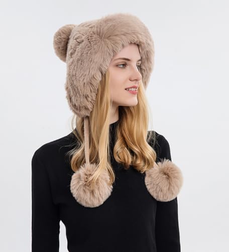 HUAMULAN Women Winter Sherpa Knit Beanie Hats Fleece Lined Ear Flaps - color: Khaki Solid