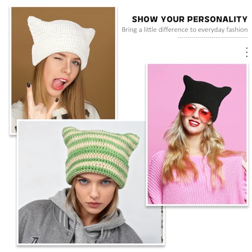 Women Beanie Warm Winter Hats, Soft Knit Lazy Beanie for Women, Women Cat Beanie，Women Fox hat, Slouchy Beanies for Women - color: Beige Green & Black 2pcs