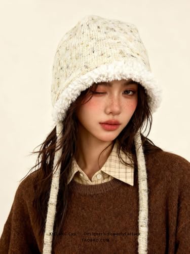 Women Winter Fleece Beanies Hat with Ear Flaps Soft Warm Crochet Skull Cap - color: A Beige