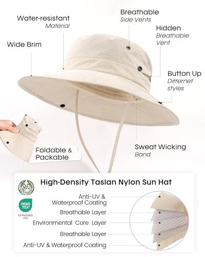FURTALK Sun Hats for Women Wide Brim Bucket Hat Ponytail Hole Outdoor UPF - color: Beige
