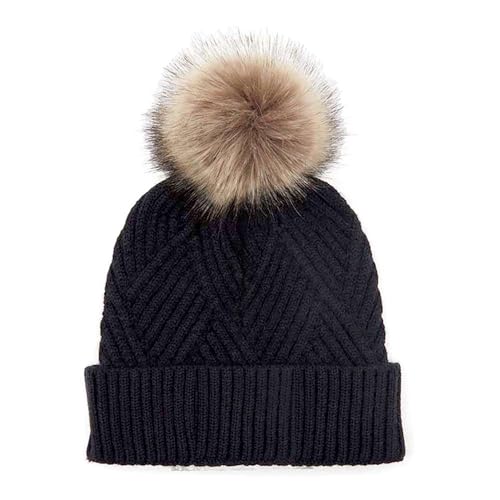 C.C Kids' Suede Patch Snuggly Soft Warm Knit Pom Cuff Beanie - color: Criss Cross Faux Fur, Black