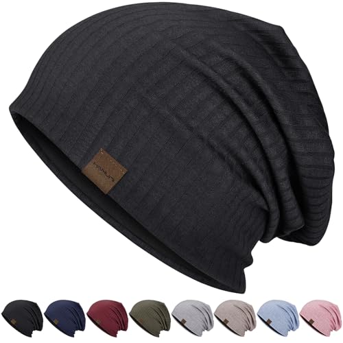HAMUNI Slouchy Beanie for Men Women Soft Lightweight Chemo Headwear - color: Black