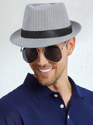 BABEYOND Men's 1920s Short Brim Trilby Fedora Hat - color: C-gray Stripes