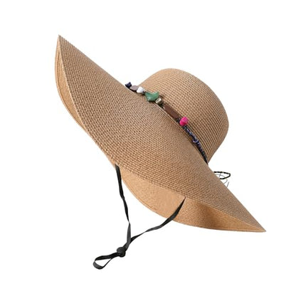 Lanzom Womens Wide Brim Straw Hat Big Floppy Foldable Roll up Cap Beach Sun Hat UPF 50+ - color: Rainbow Bead-khaki