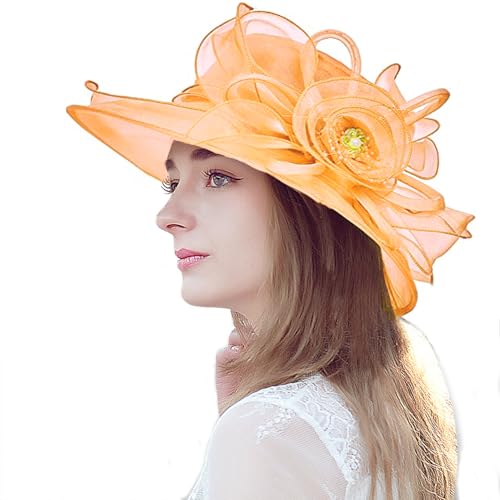 Women's Organza Derby Fascinator Hat Cloche Bowler Hat Cocktail Tea Party Wedding Sun Hat - color: B-orange