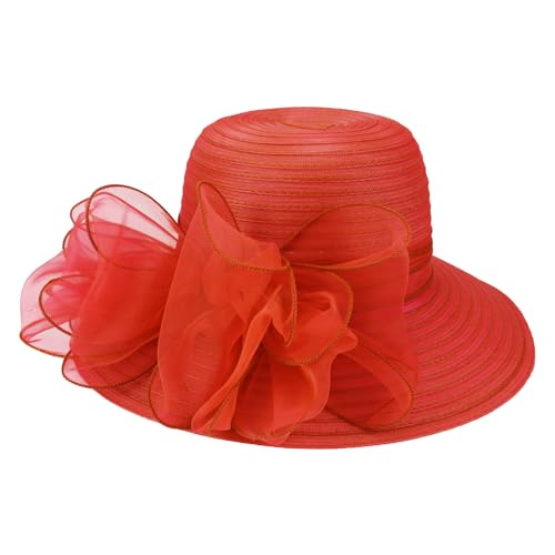 DRESHOW Lady Derby Dress Church Bowler Cloche Hat Bowknot Organza Bridal Cap for Wedding - color: 1 Pc: Red