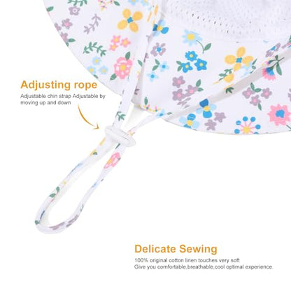 Baby Girl Sun Hat Toddler Beach Hats with UPF 50+ Protective Infant Summer Hat with Wide Brim Baby Girls Bucket Hat - color: Pink Flower + White Flower, size: 0-6 Months