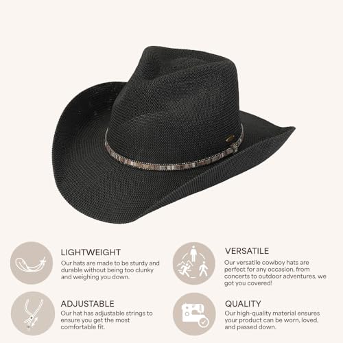 C.C Knitted Cowboy Hat for Women Lightweight Woven Western Hat with Multicolor Trim Band, Wide Brim Summer Sun Hat - color: Black
