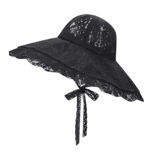 Women Lace Beach Church Sun Hat Wide Brim Travel Bucket Fishing Hat - color: Black