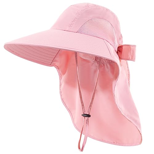 Womens Sun Hat UV Protection, Foldable Waterproof Wide Brim Bucket Hats with Neck Flap for Summer Beach Fishing Hiking - color: Pink
