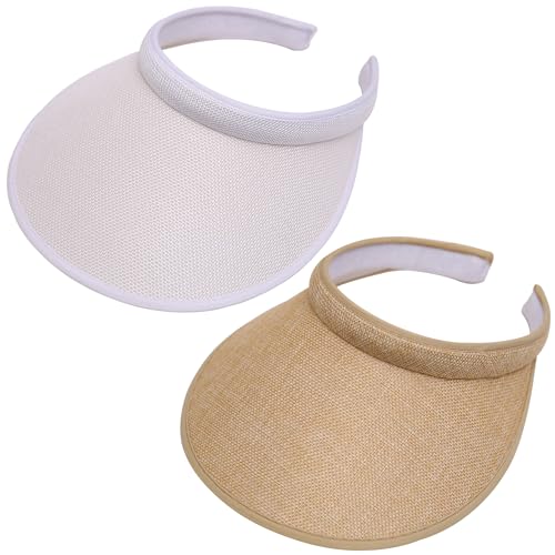 2 Pack Wide Brim Sun Visor Hats Women Men Large Clip-on Visors Hat UV Protection Outdoors Sports Golf Beach Cap - color: White-khaki