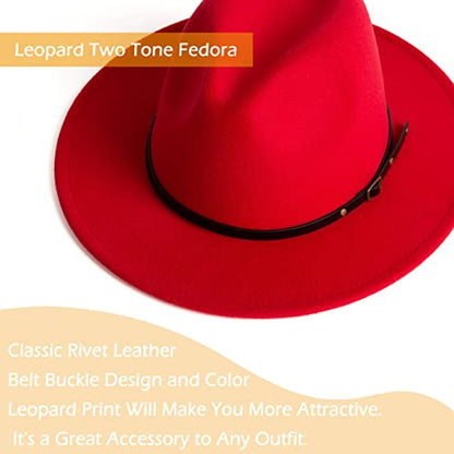 Women Two Tone Wide Brim Fedora Felt Panama Hat - color: Red/Leopard