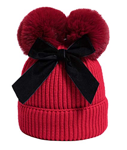 YATEEN Infant Toddler Baby Knitting Woolen Hat Winter Warm Double Pompom Beanie Cap with Bow - color: Red