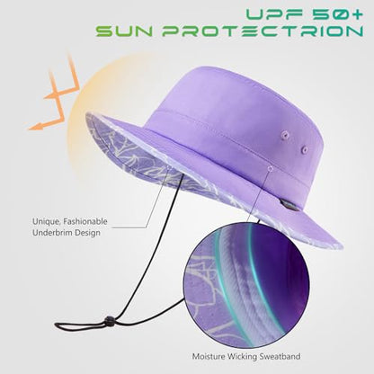 UPF 50+ Foldable Sun Hat Patterned Under Brim Bucket Hats for Summer Hiking Fishing Beach Safari Men Women - color: Lavender, size: Medium