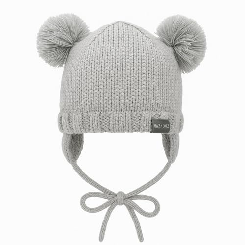 Knitted Colorful Double Pom-Pom Baby Hat and Mittens Set|Warm Winter Newborn Essentials for Boys and Girls 0-6 Months - color: Grey