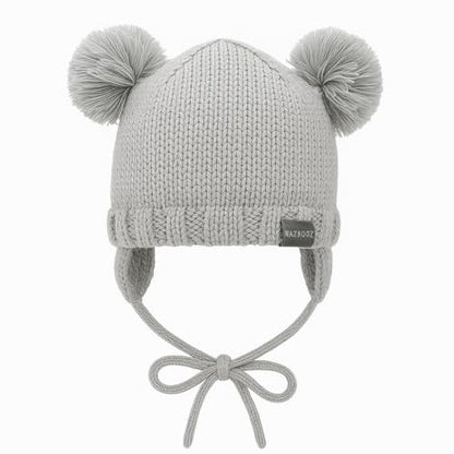 Knitted Colorful Double Pom-Pom Baby Hat and Mittens Set|Warm Winter Newborn Essentials for Boys and Girls 0-6 Months - color: Grey