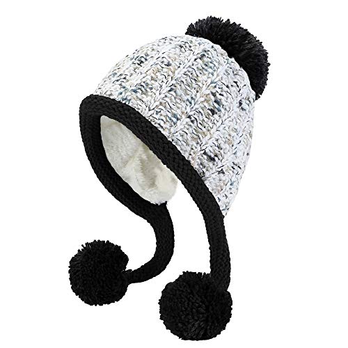 HUAMULAN Women Winter Sherpa Knit Beanie Hat Fleece Lined Ear Flaps - color: White Black