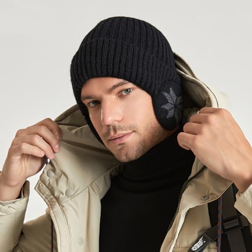 Knit Beanie Hat with Earflaps – Winter Warm Thick Fleece Lined Ski Skull Cap for Men Women - color: Black