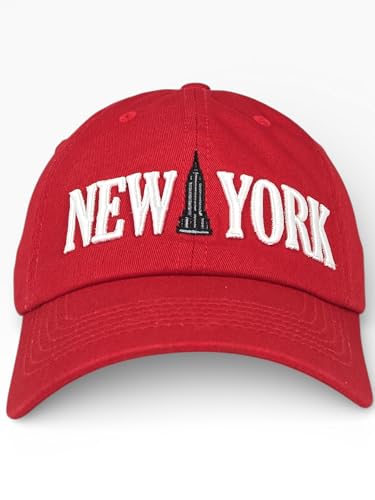 E BY ELIDAN New York Hat, Embroidered Cotton Dad Hat, Adjustable NYC Cap - color: Red