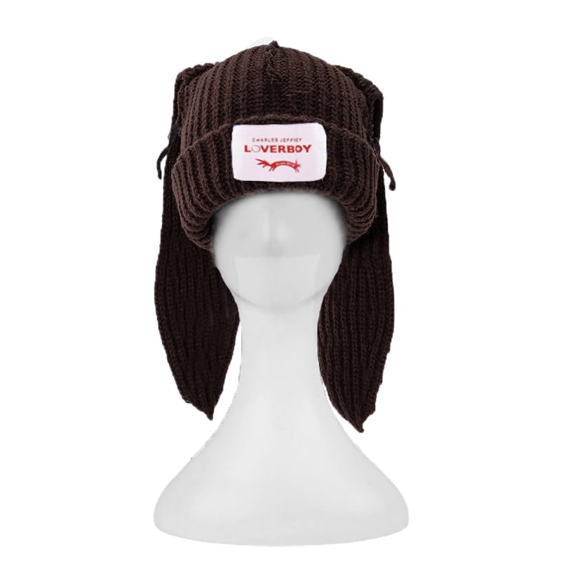 Knitted Beanie Hat Cute Rabbit Long Ears Fun Caps Fluffy Winter Warm Knitted Rabbit Hats Outdoor Slotty Cap - color: Coffeec