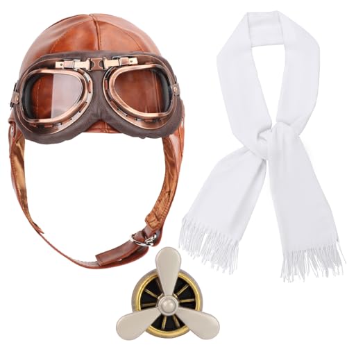 Kyson Aviator Costume 4Pcs 1920s Vintage Aviator Hat With Goggles White Scarf Brooch for Halloween Aviation Pilot Theme Party - color: Set a