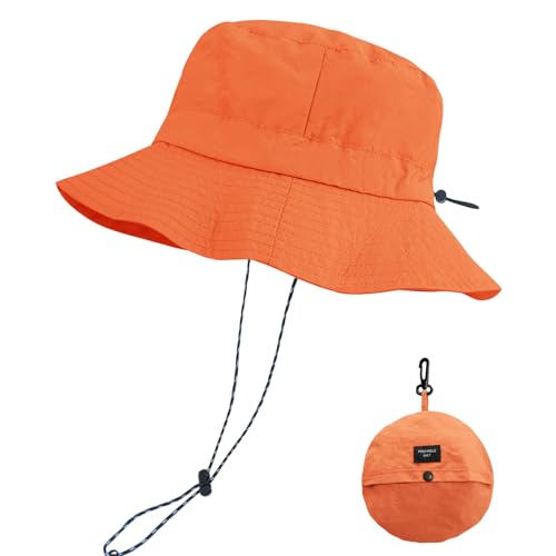 PFFY Packable Sun Bucket Hat for Men Women Outdoor UV Protection Sun Hats - color: Orange (More Loose)