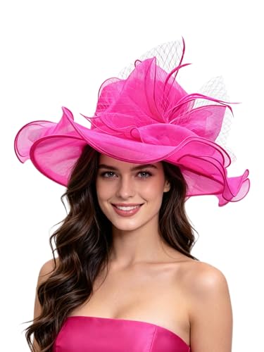 Haojing Women's Organza Church British Fascinator Bridal Tea Party Wedding Hat Summer Ruffles Cap - color: Hot Red