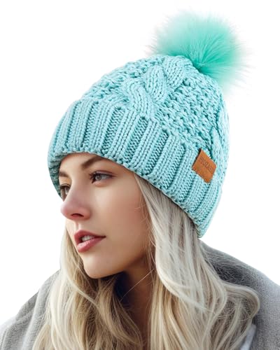 Women's Winter Pompom Beanie Warm and Cozy Knit Hat Fleece Lining Skull Cap for Women - color: Light Green
