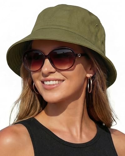 HONGTEYA Bucket Sun Hats for Woman Men Cotton Summer Beach Hat Golf Fishing - color: Olive, size: Medium