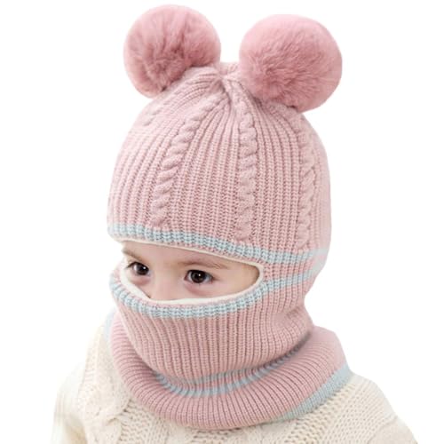 Toddler Winter Hat Baby Balaclava 2 in 1,Fleece Lined Knitted Beanie with Face Mask, Ear Flaps & Pom Pom for Boys Girls - color: Bear-pink+red