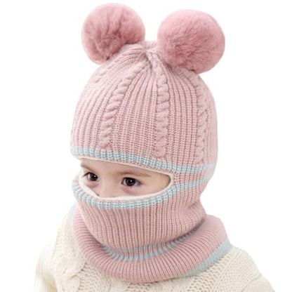 Toddler Winter Hat Baby Balaclava 2 in 1,Fleece Lined Knitted Beanie with Face Mask, Ear Flaps & Pom Pom for Boys Girls - color: Bear-pink+grey
