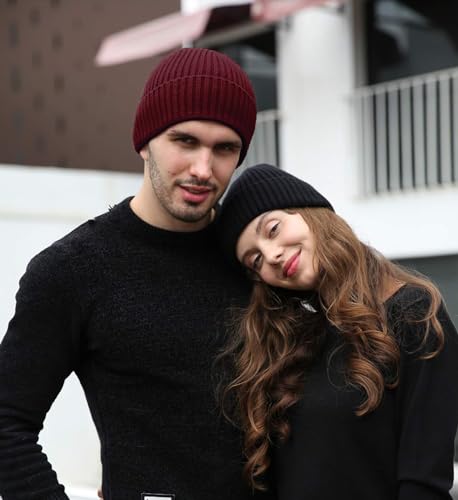 ROYBENS Womens Satin Lined Beanie for Men Wool Knit Cuffed Warm Winter Hats - color: 2pack-wine Red+black