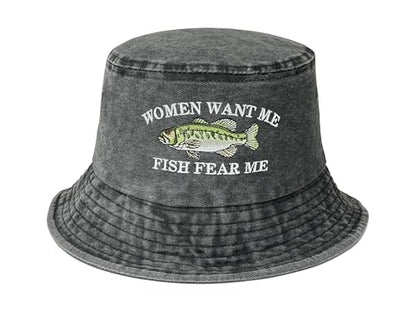 Women Want Me Fish Fear Me Embroidered Bucket Hat for Men Boy - color: Women Want Me - Washed Black