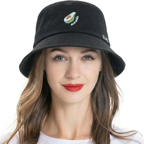 ZLYC Cotton Bucket Hat for Women Men Embroidered Packable Summer Sun Cap - color: Black Avocado