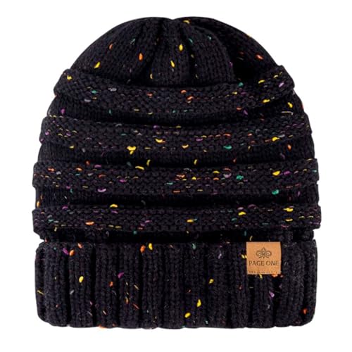 Womens Winter Beanie Warm Knit Hat Cable Stretch Trendy Ribbed Chunky Cap - color: Dot Black+dot Oat