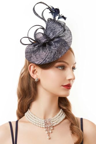 BABEYOND Fascinators Hats for Women Tea Party Glitter Pillbox Hat Derby Hat - color: B-navy Blue