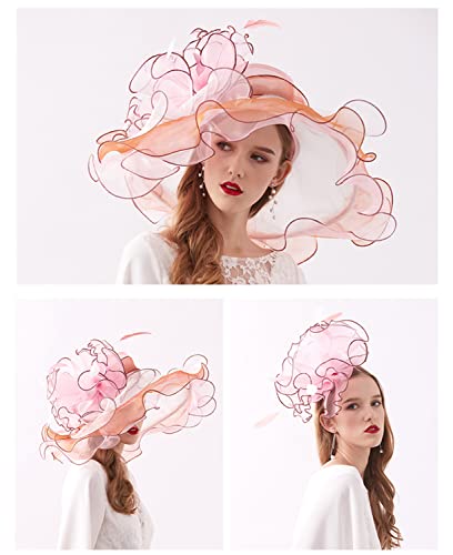 Women Derby Church Organza Flower Wedding Tea Party Fascinator Wide Brim Sun Hat - color: 01-pink