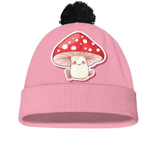 Girls Boys Winter Warm Knit Beanie Pompom Elasticity Slouchy Hat Skull Caps for Childrens - color: Mushroom