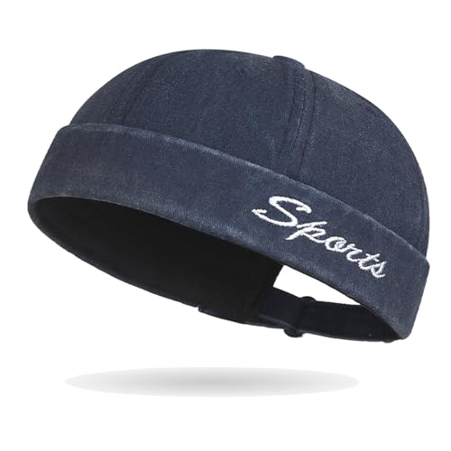 Sailor Brimless Skull Hat, Washed Cotton Docker Hat for Men Vintage - color: B-navy Blue