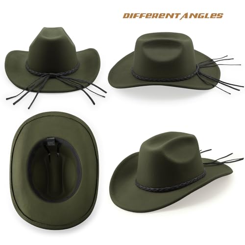 DRESHOW Western Cowboy Hat for Men Women Cowboy Cowgirl Hat Outdoor Wide Brim Retro Felt Fedora Hats Unisex Rolled up Caps - color: 1 Pack Style 9: Army Green With Braided Band