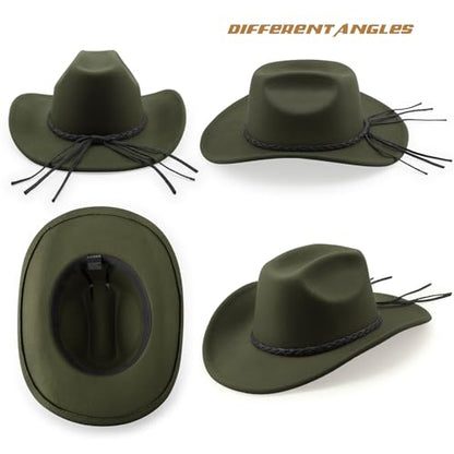 DRESHOW Western Cowboy Hat for Men Women Cowboy Cowgirl Hat Outdoor Wide Brim Retro Felt Fedora Hats Unisex Rolled up Caps - color: 1 Pack Style 9: Army Green With Braided Band