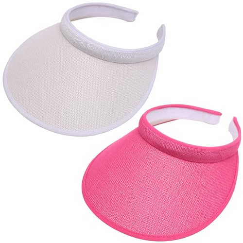 2 Pack Wide Brim Sun Visor Hats Women Men Large Clip-on Visors Hat UV Protection Outdoors Sports Golf Beach Cap - color: White-pink
