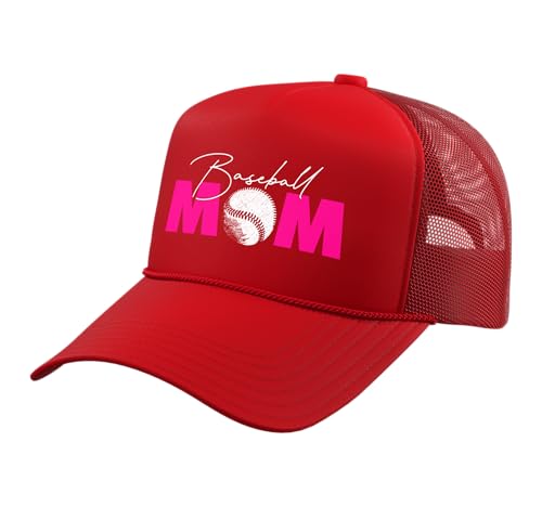 Baseball Mom Trucker Hat with Adjustable Mesh Back - color: Red