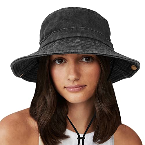 Unisex Cotton Boonie Hat Summer Fishing Bucket Hat Sun Hat with String - color: Retro Black