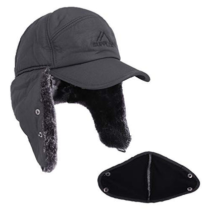 Winter 3 in 1 Thermal Fur Lined Trapper Hat with Ear Flap Full Face Warmer Cover Windproof Cycling Motorcycle Headwear - color: Grey