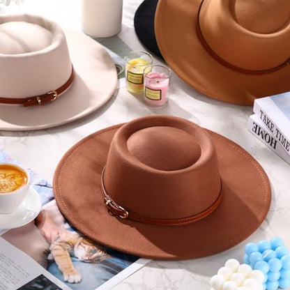 JaGely Hats Felt Hat for Women with Belt - color: Khaki, Black, Brown, Beige With Brown Belt