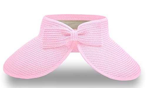 Straw Sun Visor for Women, Wide Brim UPF 50+ Protection Beach Hat, Adjustable, Roll Up Foldable Ponytail Cap with Chin Strap - color: Light Pink